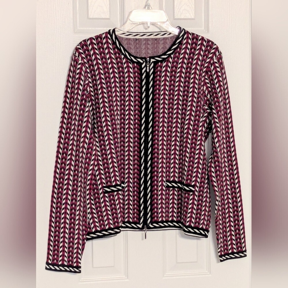 Kasper Women's (Large) Black Red & White Zip-Front Geometric Pattern Cardigan